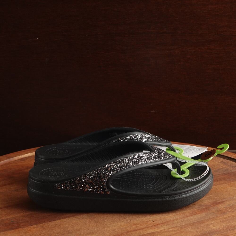 Crocs Sandals Womens SZ 8 BLK Glitter Sloane Waterproof Coastal Beach Shoes NWT